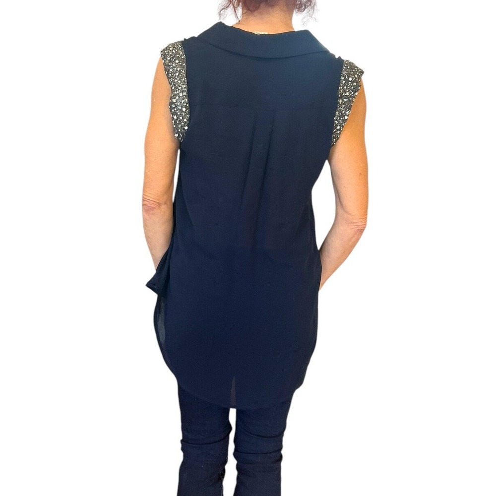 Women's HAUTE HIPPIE Navy Blue Beaded Embellished Cap Sleeve Silk Blouse S $395 - Picture 12 of 16